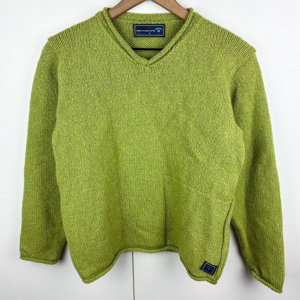 Irelands Eye Wool Silk Irish Rollneck V Neck Sweater Chartreuse Lime Green Aran